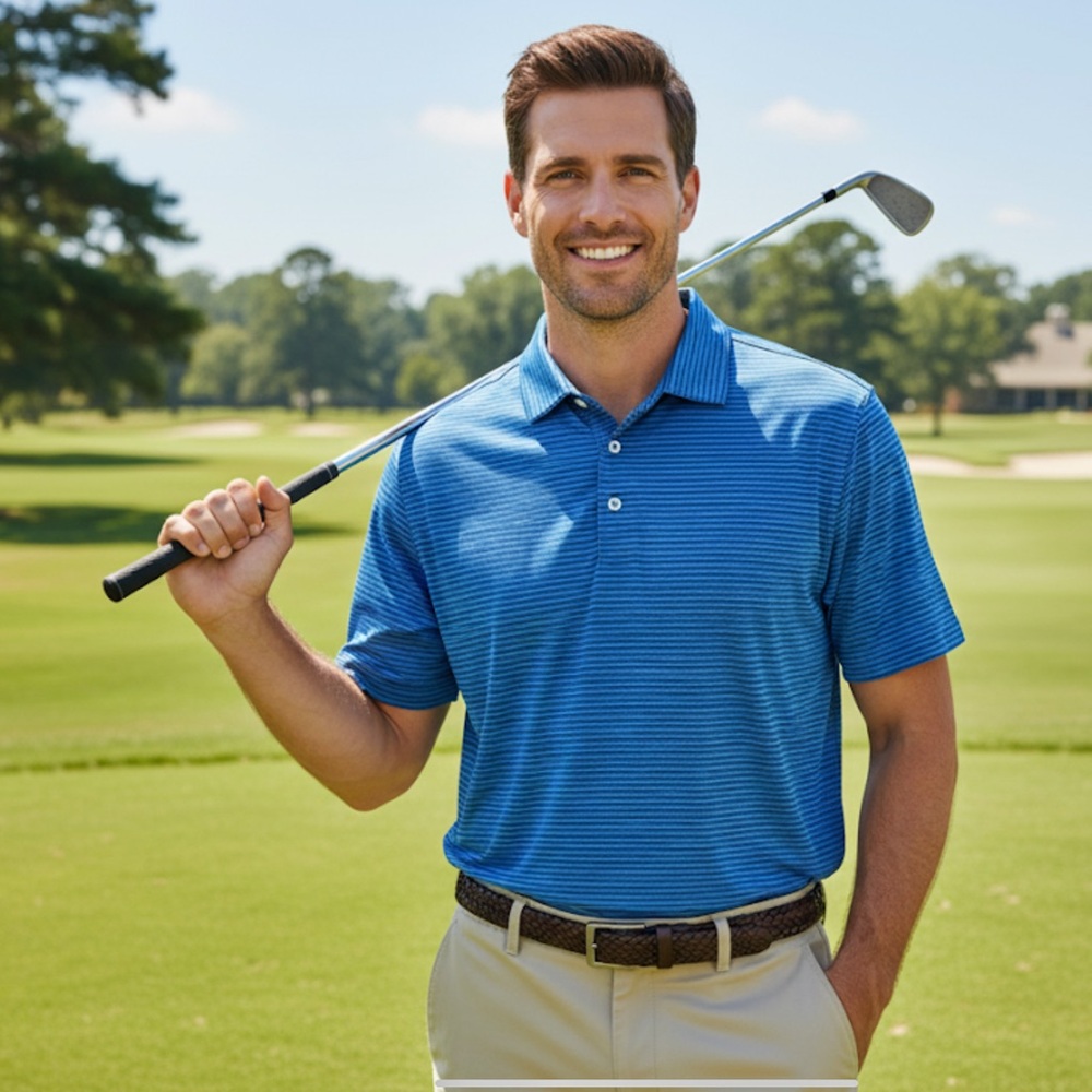 Untuckit Axios Blue Striped Short Sleeve Polo Golf Preppy Shirt Med